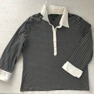 Lauren Ralph Lauren Black & White Striped Polo Top 3/4 sleeve